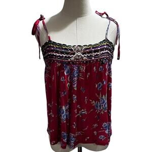 Free People Shoulder Ties Boho Red Multicolor‎ Floral Sequin Beaded Tank Sz Med